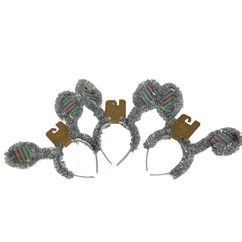 NWT Nordstrom Berry Tinsel Bunny Ear Headbands Silver‎ Set of 3 Striped New